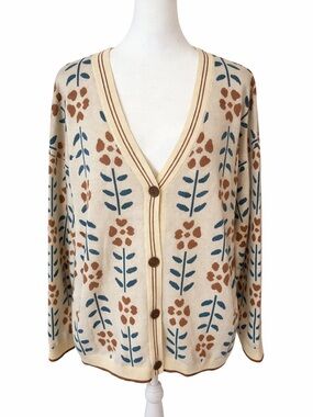 Cream Floral V-Neck Button Cardigan Sweater